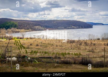 Die malerischen Felder neben dem Wolga-Flussufer in der Nähe von Zhiguli, Samara Oblast, Russland. Stockfoto