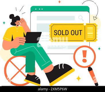 Ausverkaufte Vektor-Illustration mit Shopping-Nachricht oder Sonderangebot, das anzeigt, dass das Produkt in einem flachen Cartoon-Hintergrund verkauft wird Stock Vektor