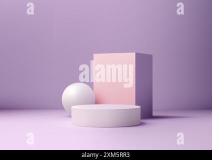 Elegante, minimalistische 3D-Szene mit weißem Podium, rosa Würfel und weißer Kugel mit violettem Hintergrund für modernes Branding Stock Vektor