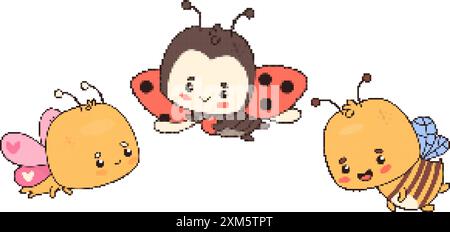 Niedliche fliegende Biene, Schmetterling und Marienkäfer mit Herz. Pixel-Art Set. Isolierter, lustiger, pixeliger Insektencharakter. Vektorabbildung Stock Vektor