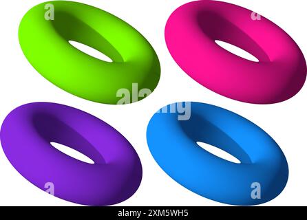 Isolierter farbenfroher Torus in 3D-Perspektive. Abstrakte geometrische Donut-Formen-Sammlung, in Rotation Stock Vektor