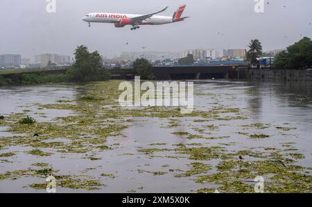 Mumbai, Indien. Juli 2024. MUMBAI, INDIEN - 25. JULI: Flüge sind bereit für den Start auf der Landebahn auf dem Mithi-Fluss, Mithi-Fluss ist 2,65 Meter entfernt. Sie liegt etwa einen Meter unterhalb der Gefahrenmarke, die sich 3,5 am 25. Juli 2024 in Mumbai, Indien, bei Kranti Nagar, Kurla, befindet. (Foto: Satish Bate/Hindustan Times/SIPA USA) Credit: SIPA USA/Alamy Live News Stockfoto