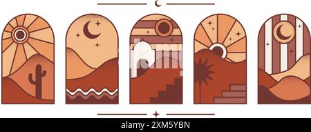 Wüstenboho-Logo mit Berg- und Sonnenlandschaft. Böhmisches Tal mit Mond und Kakteen. Abstraktes, strukturiertes Design. Vektorbogen mit aurora Stock Vektor