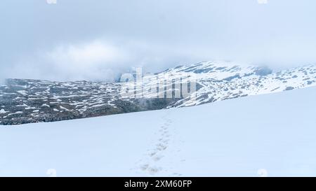 Fahren Sie auf den schneebedeckten Pfaden in den Dolomiten, wo die Stufen Sie durch eine ruhige und majestätische Winterlandschaft führen. Stockfoto