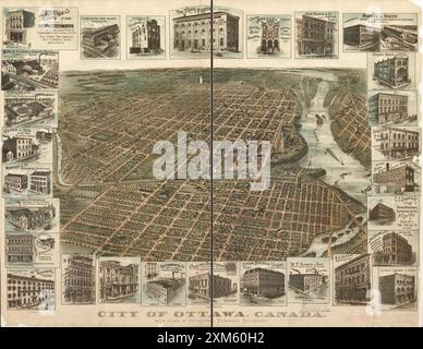 Vintage-Karte aus der Vogelperspektive der Stadt Ottawa, Ontario, Kanada mit Blick auf die wichtigsten Geschäftsgebäude um 1895 Stockfoto