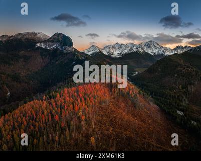 Hohe Tatra, Slowakei - aus der Vogelperspektive auf die schneebedeckten Berge der Hohen Tatra mit wunderschönem Herbstlaub und klarem blauem Himmel an der Vysoke Tatry Stockfoto