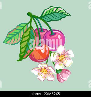 Vektor Hand gezeichnete Illustration des Zweiges mit roten Beeren, Blume und Blättern isoliert auf Hintergrund. Abbildungen einer farbigen Skizze Stock Vektor