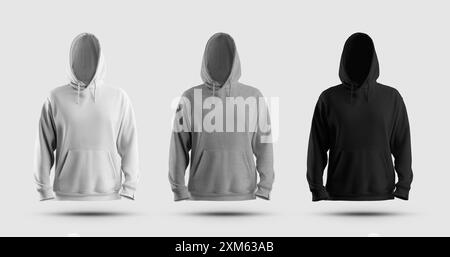 Modell aus weißem, schwarzem, extragroßem Kapuzenpullover mit großer Kapuze, 3D-Rendering, Designset für Herren, Branding. Vorlage eines modischen swe Stockfoto