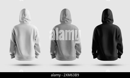 Modell aus weißem, schwarzem, extragroßem Kapuzenpullover mit großer Kapuze, Rückansicht, 3D-Rendering, Set mit Kleidung isoliert auf Hintergrund. Stylische Streetwear T Stockfoto