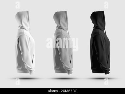 Vorlage aus weißem, schwarzem, extragroßem Hoodie mit großer Kapuze, Seitenansicht, 3D-Rendering des Sweatshirts. Set Kleidung isoliert auf Hintergrund. Mo Stockfoto