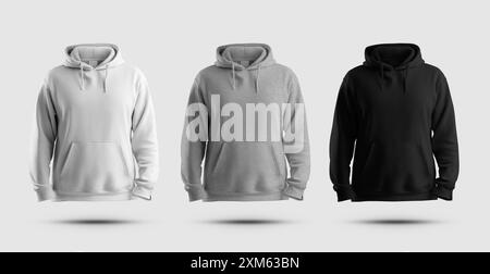 Modell aus weißem, schwarzem, extragroßem Hoodie in Melange, 3D-Rendering, Kleidungsset für Design, Druck, Branding, Werbung. Vorlage für modische Herren Stockfoto