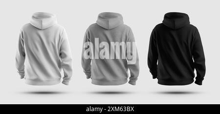 Modell aus weißem, schwarzem Kapuzenpullover, 3D-Rendering, übergroßem Sweatshirt mit großer Kapuze, Rückansicht, isoliert auf Hintergrund. Ein Set Streetwear für Stockfoto