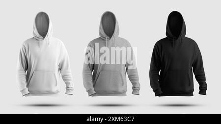 Modell aus weißem, schwarzem, extragroßem Hoodie mit Kapuze und großem Kapuzenpullover, 3D-Rendering vorne, Designset für Herrenbekleidung, Branding. Stilvoll Stockfoto