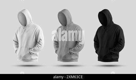 Weißes, schwarzes, meliertes Hoodie-3D-Rendering, Oversize-Sweatshirt mit großer Kapuze, Vorderansicht. Set Straßenkleidung isoliert auf Hintergrund. Stockfoto