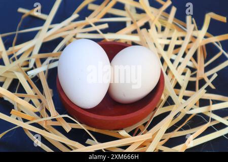 Zwei weiße Freilandhühner werden in eine Holzschale gelegt und Holzspäne aus nächster Nähe gesehen. Stockfoto