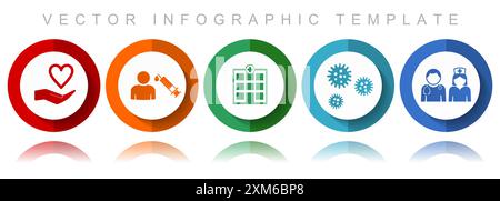 Sammlung medizinischer Vektor-Symbole, verschiedene Symbole wie Arzt, Krankenschwester, Krankenhaus, Hilfe und Grippe, flache Infografik-Vorlage in eps 10 Stock Vektor