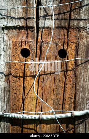 Verwitterter hölzerner Zaunpfahl mit Draht und zwei Löchern, Kopfform Stockfoto