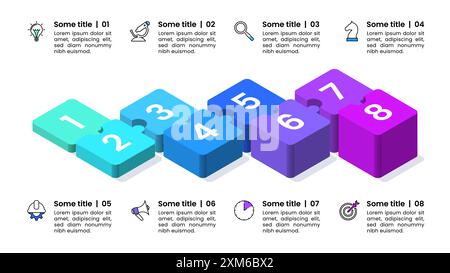 Infografik-Vorlage mit Symbolen und 8 Optionen oder Schritten. Isometrisches Puzzle. Kann für Workflow-Layout, Diagramm, Banner und Webdesign verwendet werden. Vektorillustra Stock Vektor
