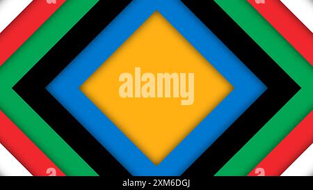 Abstrakter farbiger Hintergrund für die Olympischen Spiele. Geometrische Formen in olympischen Farben - Rot, Grün, Orange, Blau, Schwarz und weiß. Vektorflagge für spo Stock Vektor