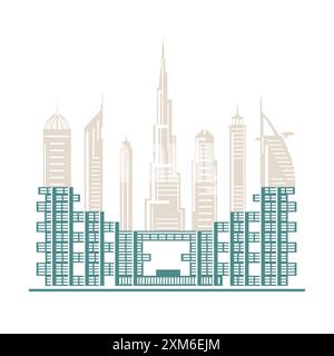 Die Silhouette der Wolkenkratzer der Vereinigten Arabischen Emirate. Dubai Gebäude, Hotels und Symbolvektorillustration. Skyline von Dubai. Türme und Wahrzeichen der Stadt Stock Vektor