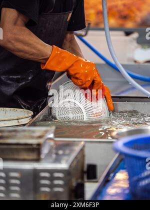 Eine Person mit orangefarbenen Handschuhen wäscht ein weißes Sieb Stockfoto