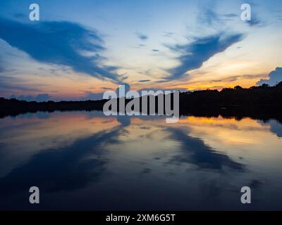 Fantastischer grüner Amazonas-Dschungel über der Jaguar Lagune (Onza Lagune).während der Sonnenuntergangszeit Amazonien. Brasilien. Südamerika Stockfoto