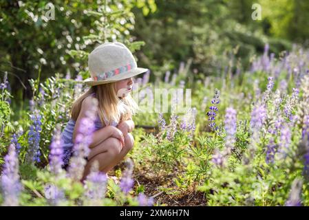 Das neugierige kleine Mädchen beobachtet Bienen auf wilden Lupinen. Stockfoto