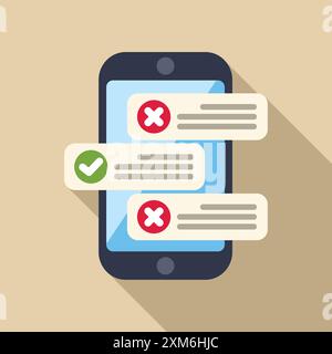 Das Smartphone zeigt validierte und abgelehnte Nachrichten mit Häkchen- und Kreuzmarkensymbolen an Stock Vektor