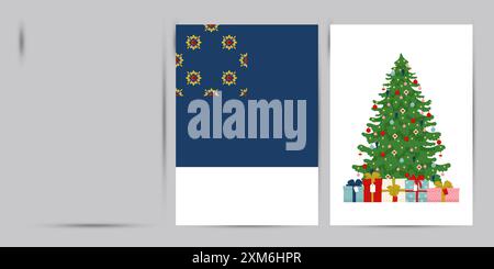 Frohe Weihnachtsgrußkarten mit Nussknacker-Spielzeugsoldat, dekoriertem Weihnachtsbaum. Vektorillustration im flachen Retro-Stil Stock Vektor