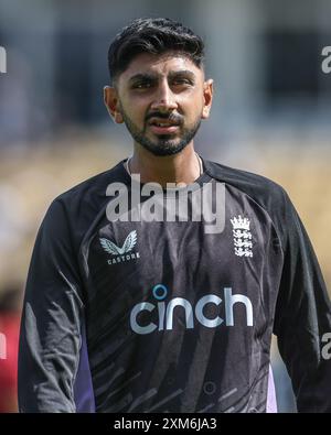 Birmingham, Großbritannien. Juli 2024. Shoaib Bashir von England während des 3. Rothesay Test Match Day One Match England vs West Indies in Edgbaston, Birmingham, Vereinigtes Königreich, 26. Juli 2024 (Foto: Mark Cosgrove/News Images) in Birmingham, Vereinigtes Königreich am 26. Juli 2024. (Foto: Mark Cosgrove/News Images/SIPA USA) Credit: SIPA USA/Alamy Live News Stockfoto