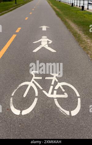 Weiße Fahrrad- und Fußgängersymbole auf einem gepflasterten Weg Stockfoto