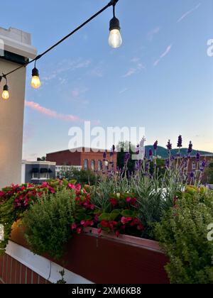 Lichterketten und Blumenkästen mit Blick auf den Sonnenuntergang in Bennington, VT Stockfoto