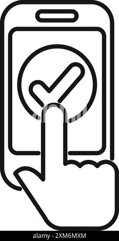 Die Hand, die ein Smartphone hält, tippt auf ein Häkchen, um eine Anwendung zu genehmigen Stock Vektor