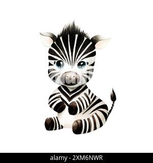 Süßes Baby-Zebra. Aquarell Hand gezeichnete Safari sitzende Tier Illustration isoliert auf Hintergrund. Für Designer, Postkarten, Grüße, Geburtstag, Calen Stockfoto