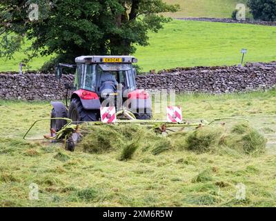 Ein Bauer, der in Austwick, Yorkshire Dales, Großbritannien, das Cvut Gras trocknet. Stockfoto