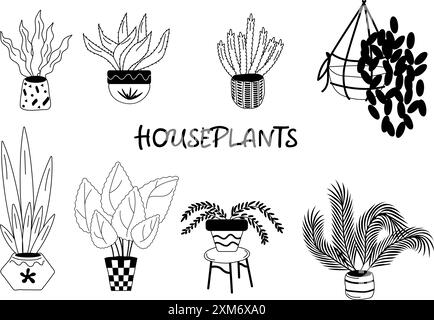 Monochrome Houseplants Collection Illustration in verschiedenen Töpfen und hängenden Pflanzgefäßen Stock Vektor