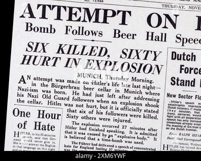 „Attentate on Hitlers Life“-Schlagzeile auf der Titelseite der Daily Mail (Replik) am 9. November 1939, kurz vor Beginn des Zweiten Weltkriegs. Stockfoto