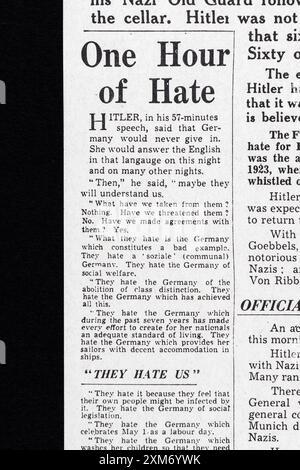 „One Hour of Hate“-Schlagzeile auf der Titelseite der Daily Mail (Replik) am 9. November 1939, kurz vor Beginn des Zweiten Weltkriegs. Stockfoto