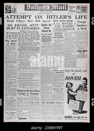 „Attentate on Hitlers Life“-Schlagzeile auf der Titelseite der Daily Mail (Replik) am 9. November 1939, kurz vor Beginn des Zweiten Weltkriegs. Stockfoto