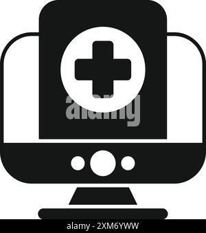 Schwarzes Glyphensymbol für medizinische Online-Konsultation mit Kreuzsymbol auf dem Monitor Stock Vektor