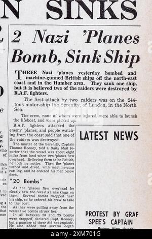 Schlagzeile "2 Nazi-Flugzeugbombe, Senkschiff" auf der Titelseite der Daily Mail (Replik), Bericht über den deutschen Angriff auf britische Schiffe, 18. Dezember 1939. Stockfoto