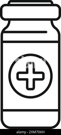 Medizinische Glasfläschchen mit Etikett mit medizinischem Kreuzzeichen Icon Umriss, Linienstil Design für Web und Mobile, modernes minimalistisches Zeichen Stock Vektor