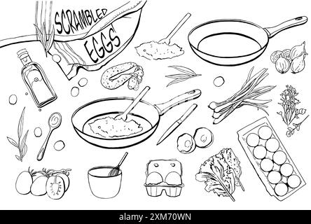 Handgezeichnete Kochelemente. Lebensmittelzutaten, Geschirr und Zubehör, Eier, Butter, Zwiebeln, Olivenöl, Tomaten. Vektor-Illustrationssatz der Draufsicht Stock Vektor