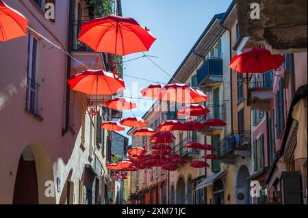 Rote Regenschirme in der Altstadt von Luino, Provinz Varese, Lago Maggiore, Lombardei, Italien, Europa Stockfoto