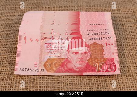 Mohammed Ali Jinnah, Porträt aus Pakistan 100 Rupien Banknoten Stockfoto