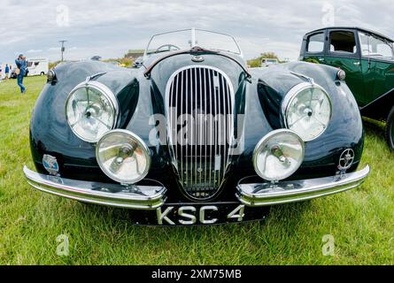 Jaguar XK 120 Roadster in British Racing Green und braunen Ledersitzen, Armaturenbrett. Stockfoto