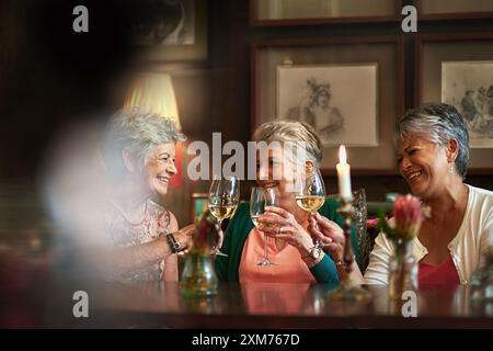 Fröhlich, Wein und lachen Sie mit älteren Freunden im Restaurant für Freundschaft, Abwechslung und Entspannung. Pensionierung, Gastfreundschaft und Mittagessen mit Gruppe von Senioren Stockfoto