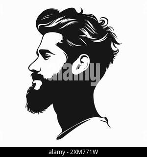 Bärtiger Männerkopf Silhouette. Stylisches Hipster-Logo. Fantastisches Männerporträt mit trendiger Frisur Stock Vektor