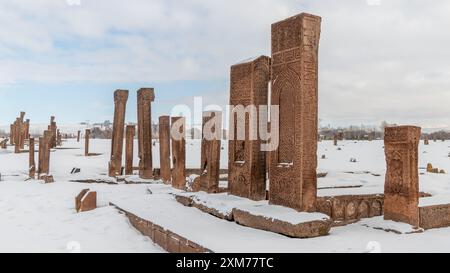Historische Grabsteine auf dem Ahlat-Friedhof, die von der Ahlatschah-Dynastie auf einem islamischen Friedhof hinterlassen wurden. Stockfoto