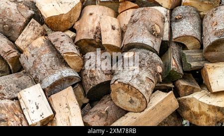 In einem Lagerhof gelagerte Holzstämme Diese Holzstapel werden gehackt und gespeichert, um im Winter in einem Ofen zu verbrennen. Stockfoto